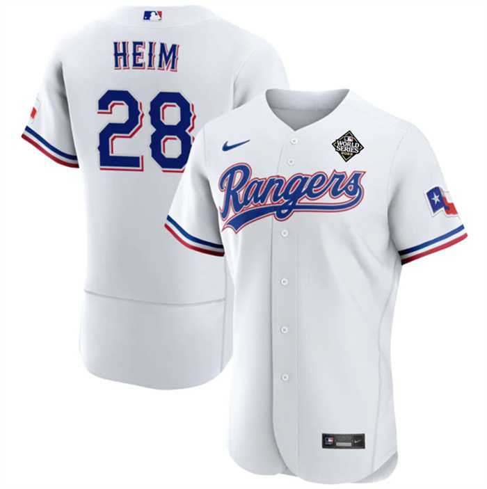 Men%27s Texas Rangers #28 Jonah Heim White 2023 World Series Flex Base Stitched Baseball Jersey Dzhi